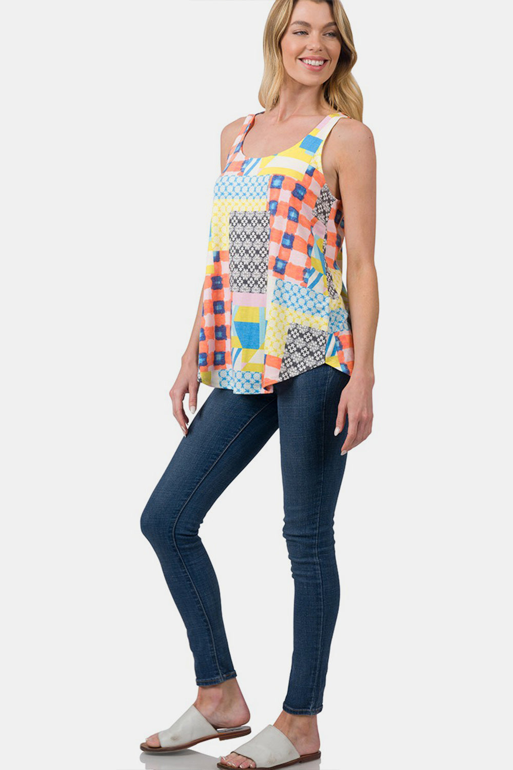 Womens Flowy Tank Top Printed Round Neck Curved Hem Shirt Zenana