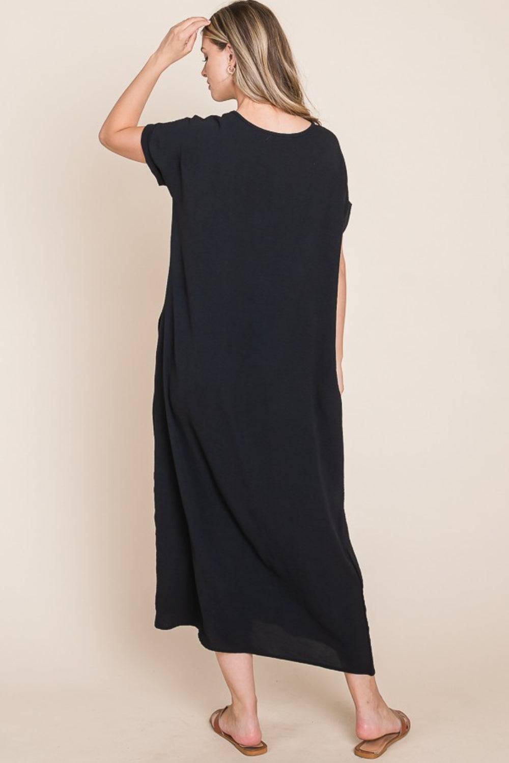 Boho Beach Midi Dress Round Neck Short Sleeve Midi Dress with Pockets BOMBOM