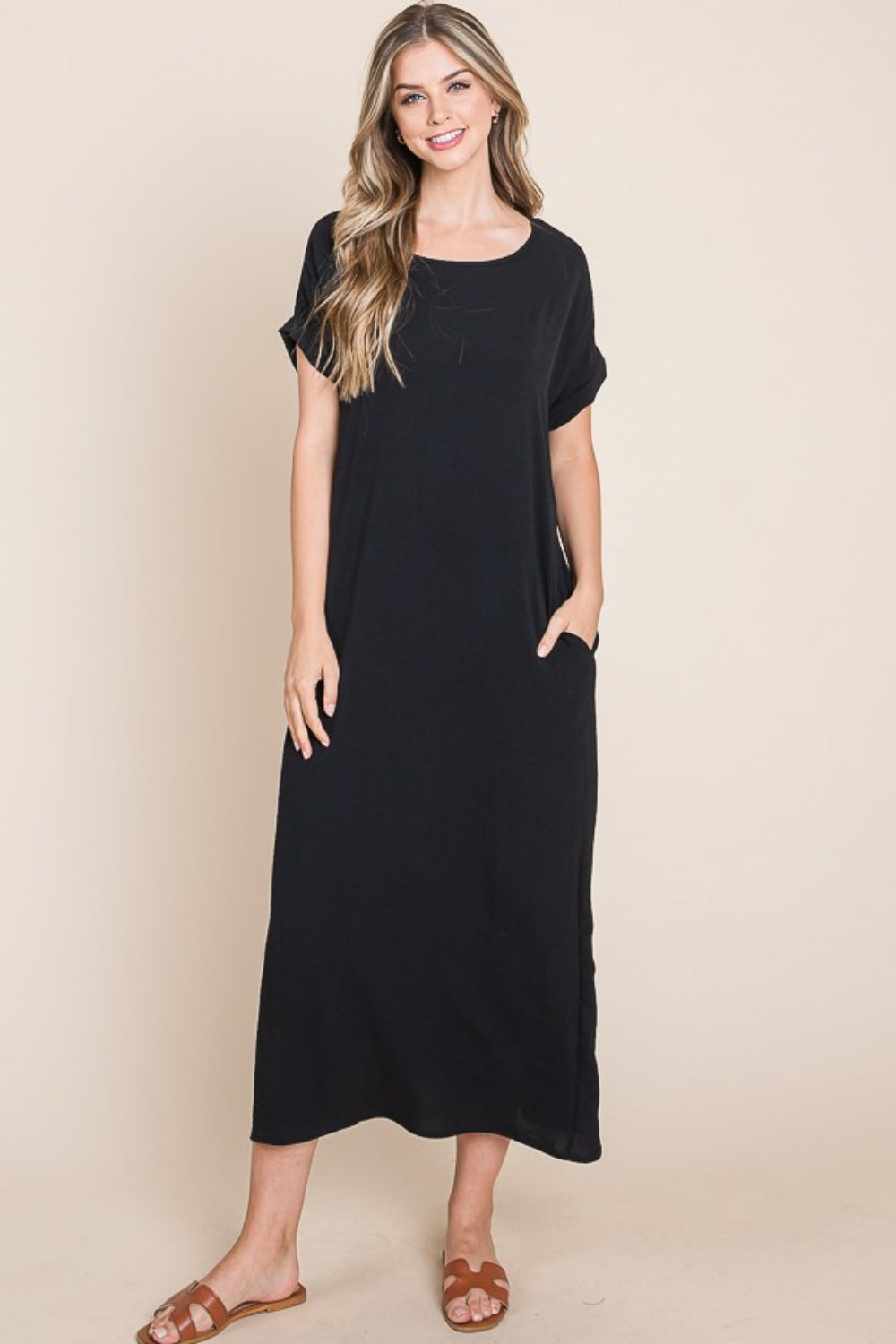 Boho Beach Midi Dress Round Neck Short Sleeve Midi Dress with Pockets BOMBOM
