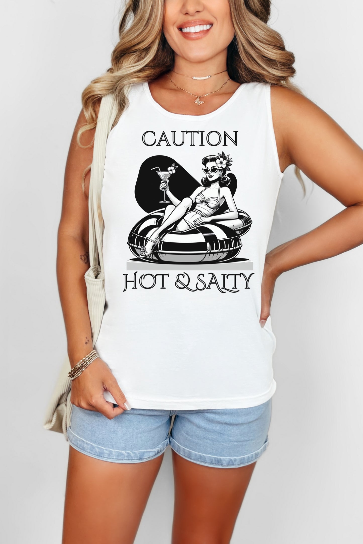 Beach Shirt Caution Hot And Salty Tank Top Retro Summer Tank, Unisex Beach Tank, Vintage Tank, Beach Vacation Shirt, Hot And Salty Tank Top