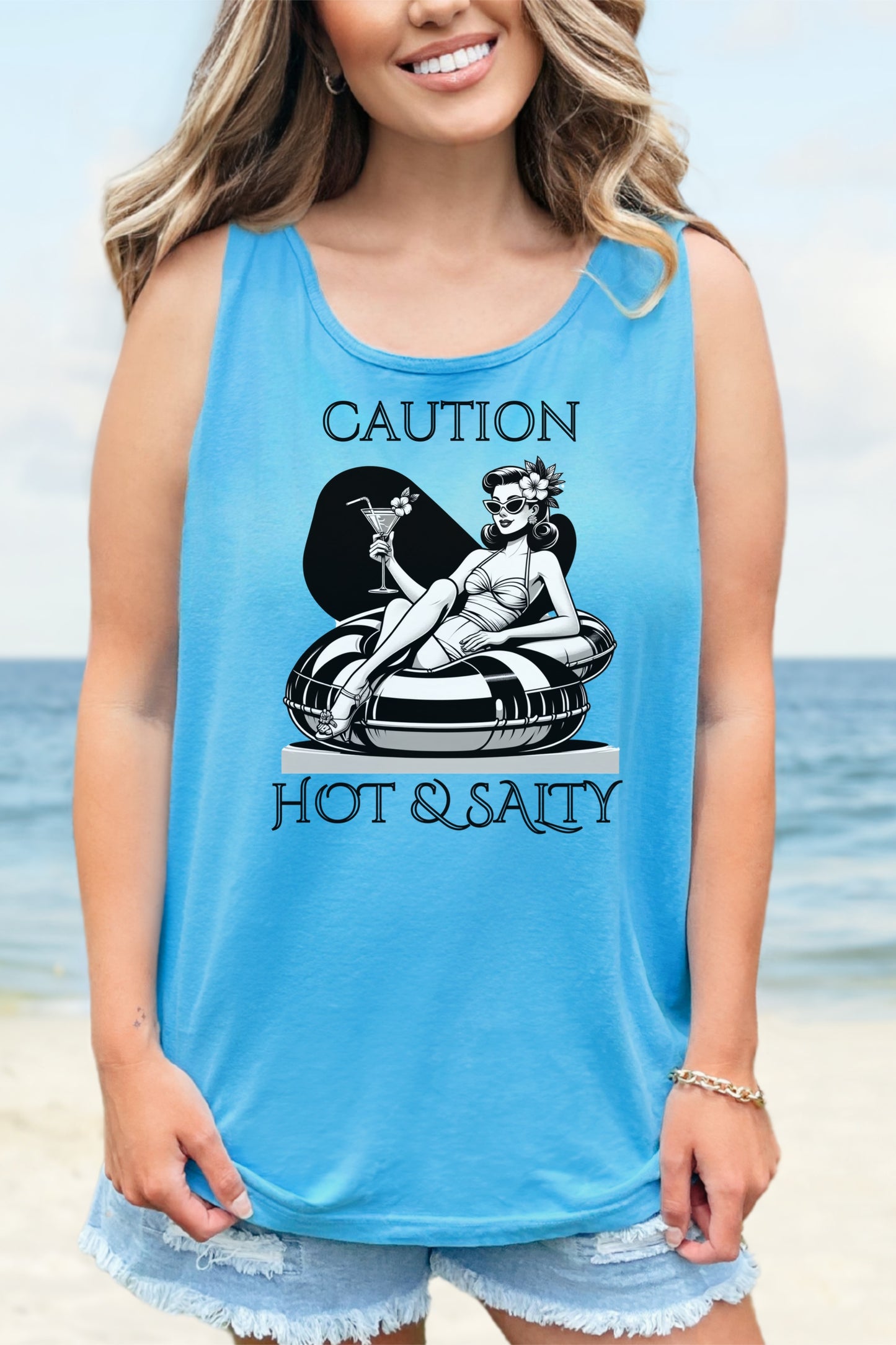 Beach Shirt Caution Hot And Salty Tank Top Retro Summer Tank, Unisex Beach Tank, Vintage Tank, Beach Vacation Shirt, Hot And Salty Tank Top