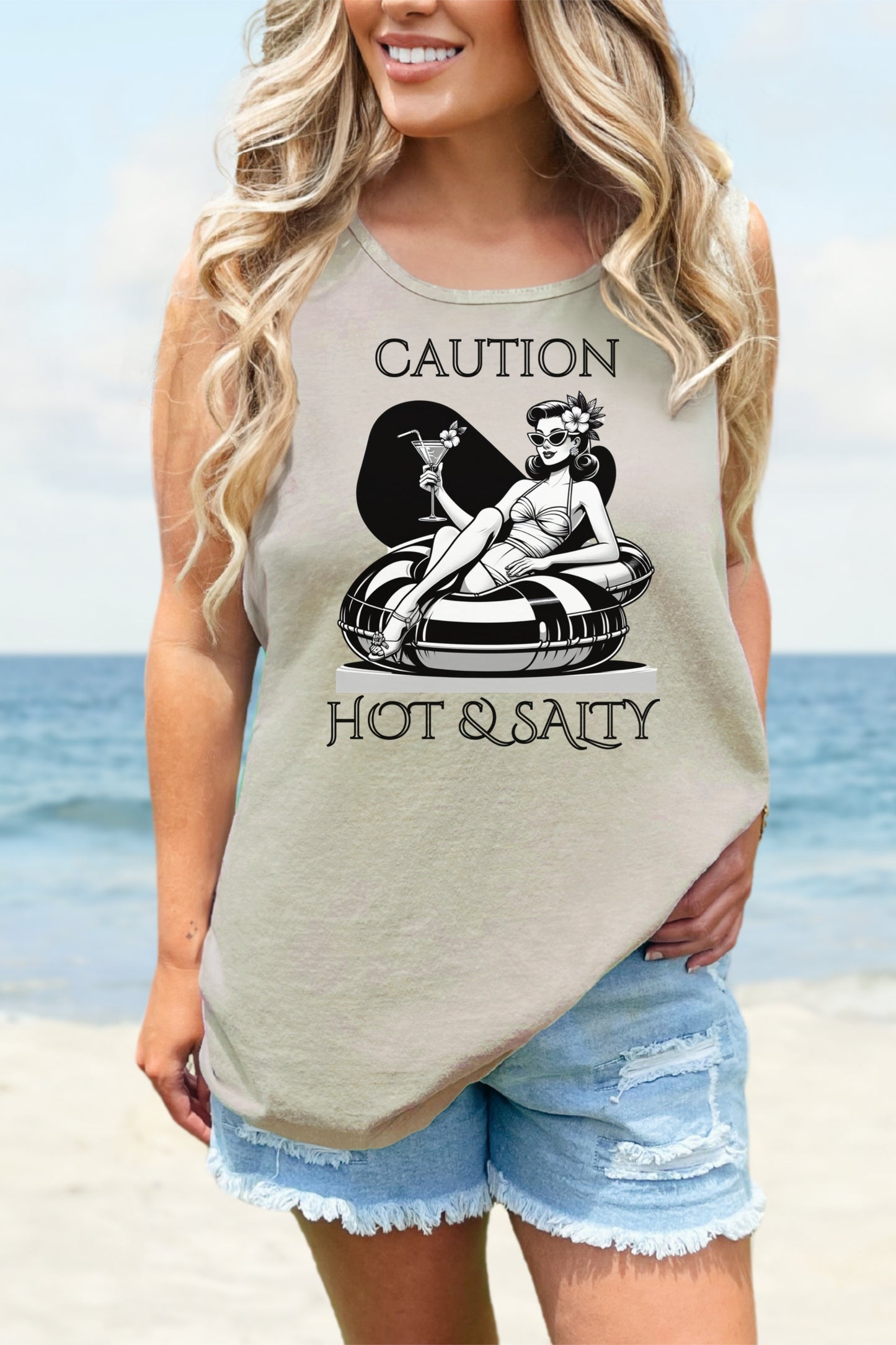 Beach Shirt Caution Hot And Salty Tank Top Retro Summer Tank, Unisex Beach Tank, Vintage Tank, Beach Vacation Shirt, Hot And Salty Tank Top