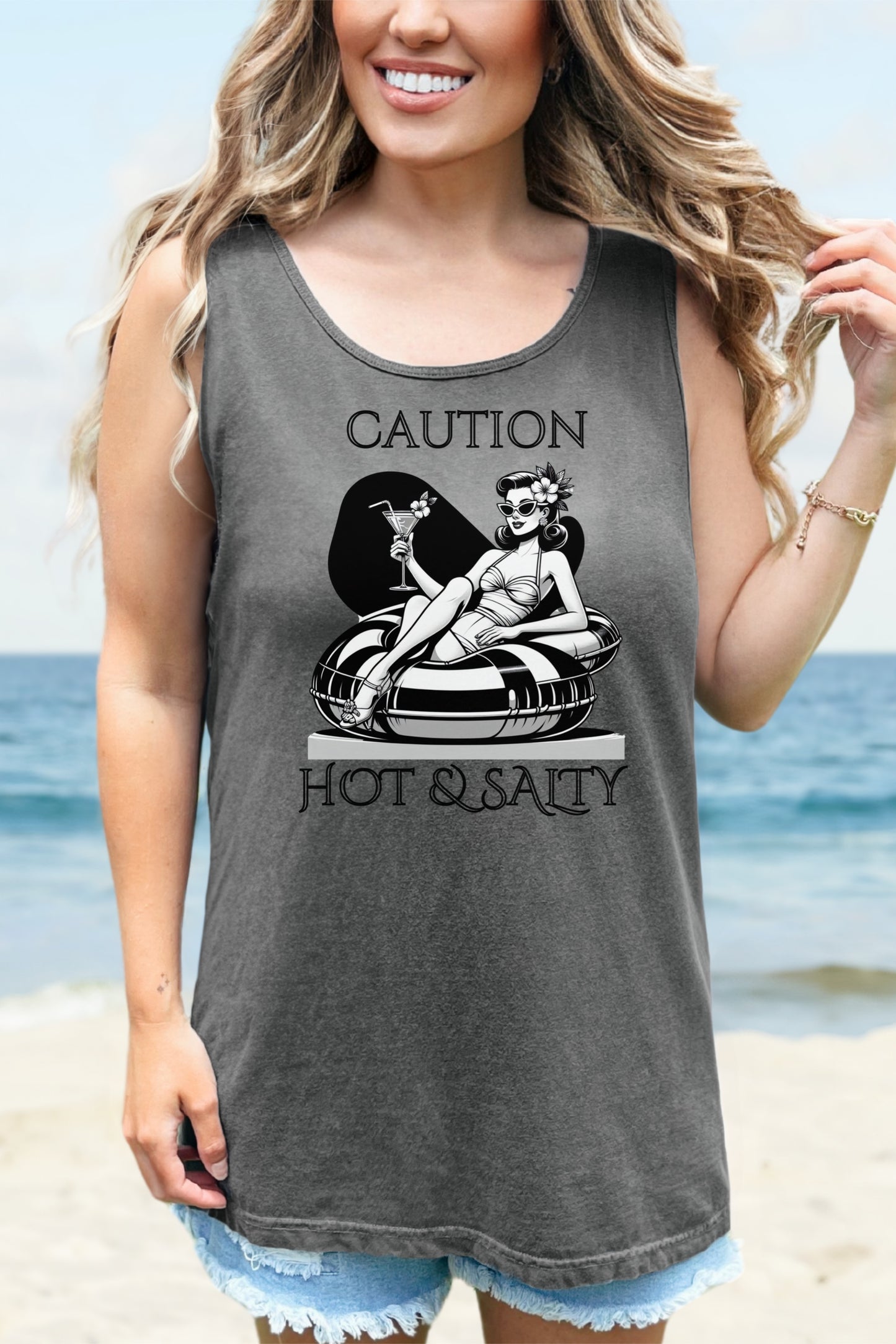 Beach Shirt Caution Hot And Salty Tank Top Retro Summer Tank, Unisex Beach Tank, Vintage Tank, Beach Vacation Shirt, Hot And Salty Tank Top