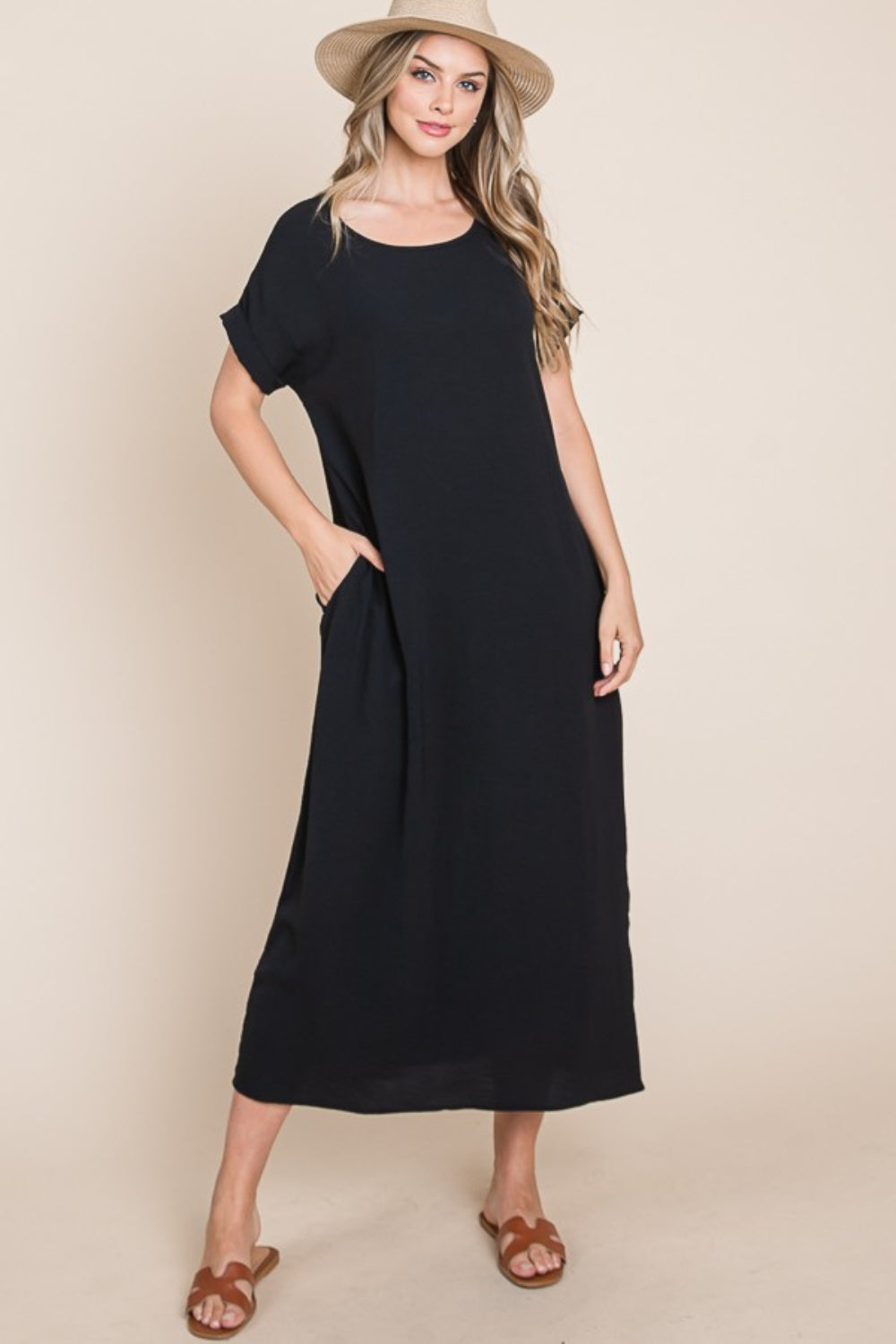 Boho Beach Midi Dress Round Neck Short Sleeve Midi Dress with Pockets BOMBOM