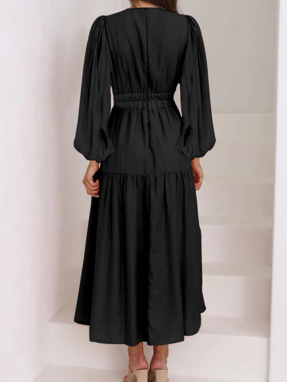 Boho Beach Maxi Dress Deep V-Neck Balloon Sleeve Plain Maxi Dress