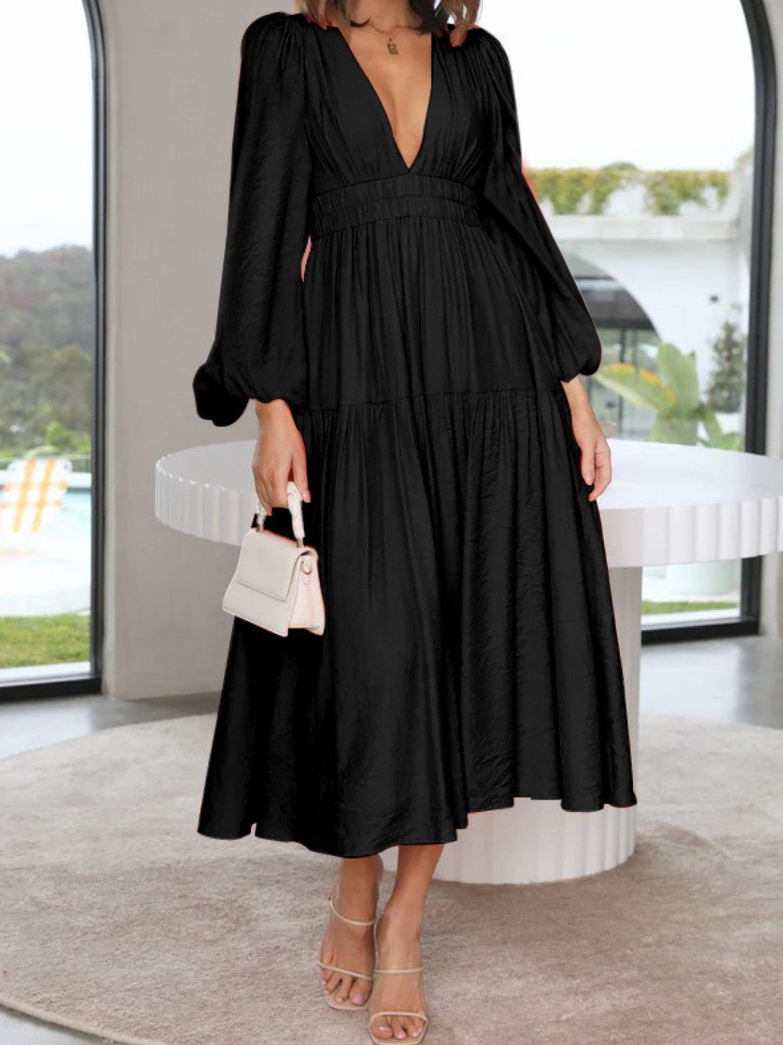 Boho Beach Maxi Dress Deep V-Neck Balloon Sleeve Plain Maxi Dress