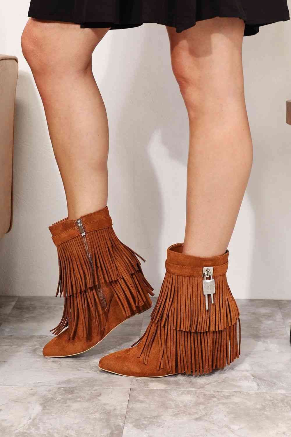 Boho Rust Brown Legend Women's Tassel Wedge Heel Ankle Booties