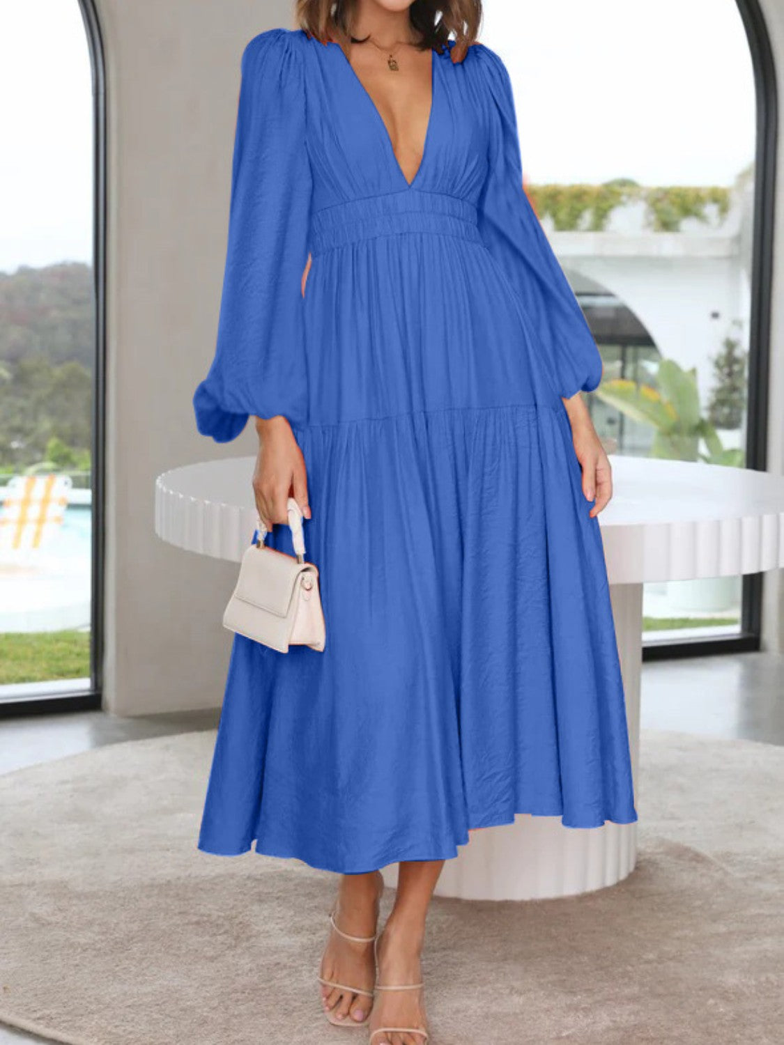 Boho Beach Maxi Dress Deep V-Neck Balloon Sleeve Plain Maxi Dress