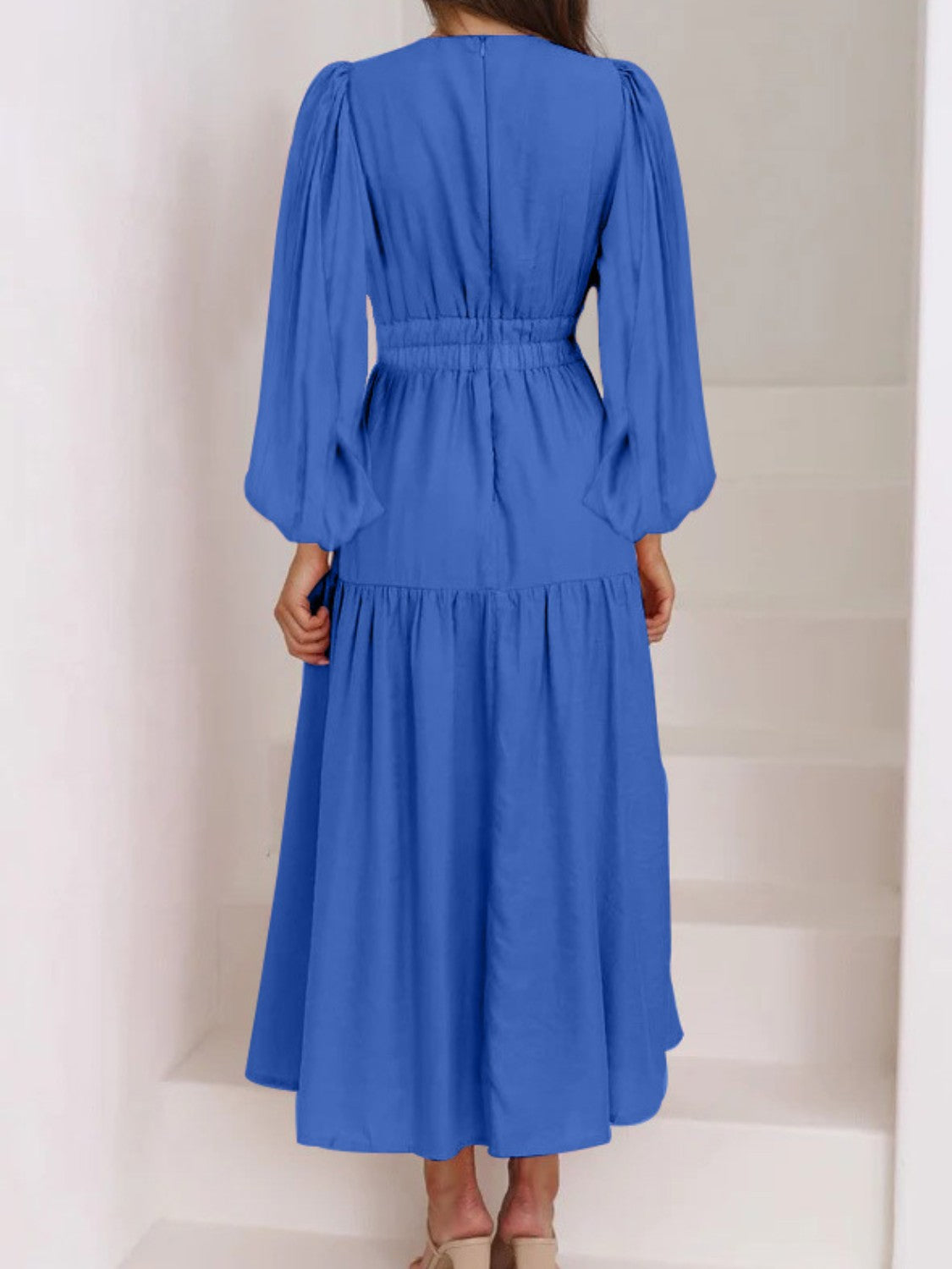 Boho Beach Maxi Dress Deep V-Neck Balloon Sleeve Plain Maxi Dress