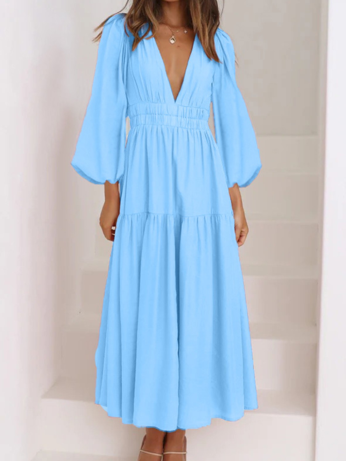 Boho Beach Maxi Dress Deep V-Neck Balloon Sleeve Plain Maxi Dress