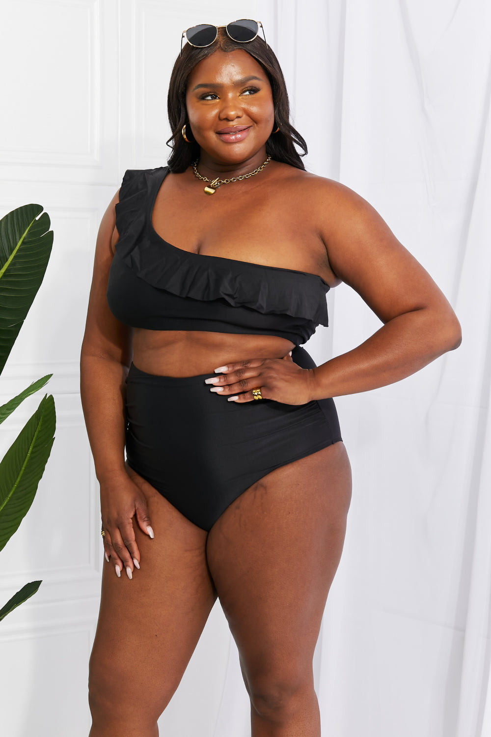 Marina West Black 2 Piece Swim Seaside Romance Ruffle One-Shoulder Bikini in Black