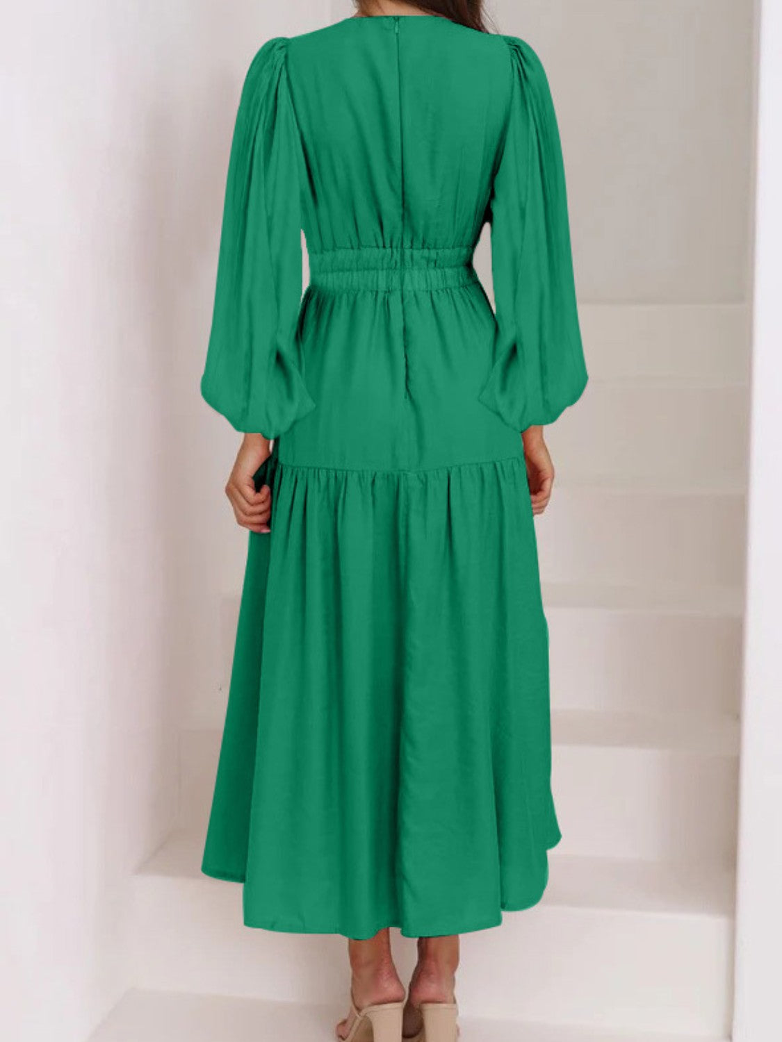Boho Beach Maxi Dress Deep V-Neck Balloon Sleeve Plain Maxi Dress