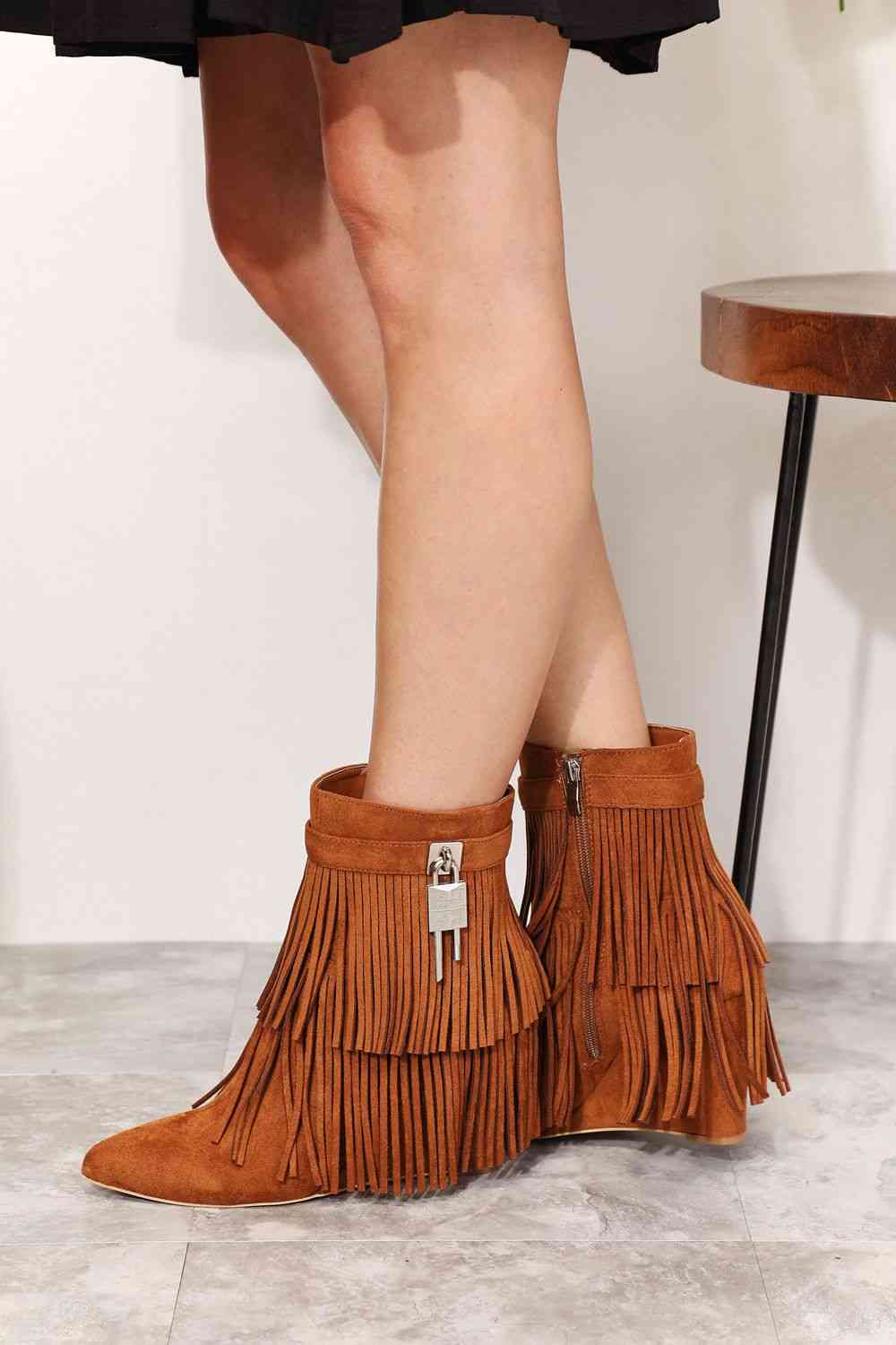 Boho Rust Brown Legend Women's Tassel Wedge Heel Ankle Booties