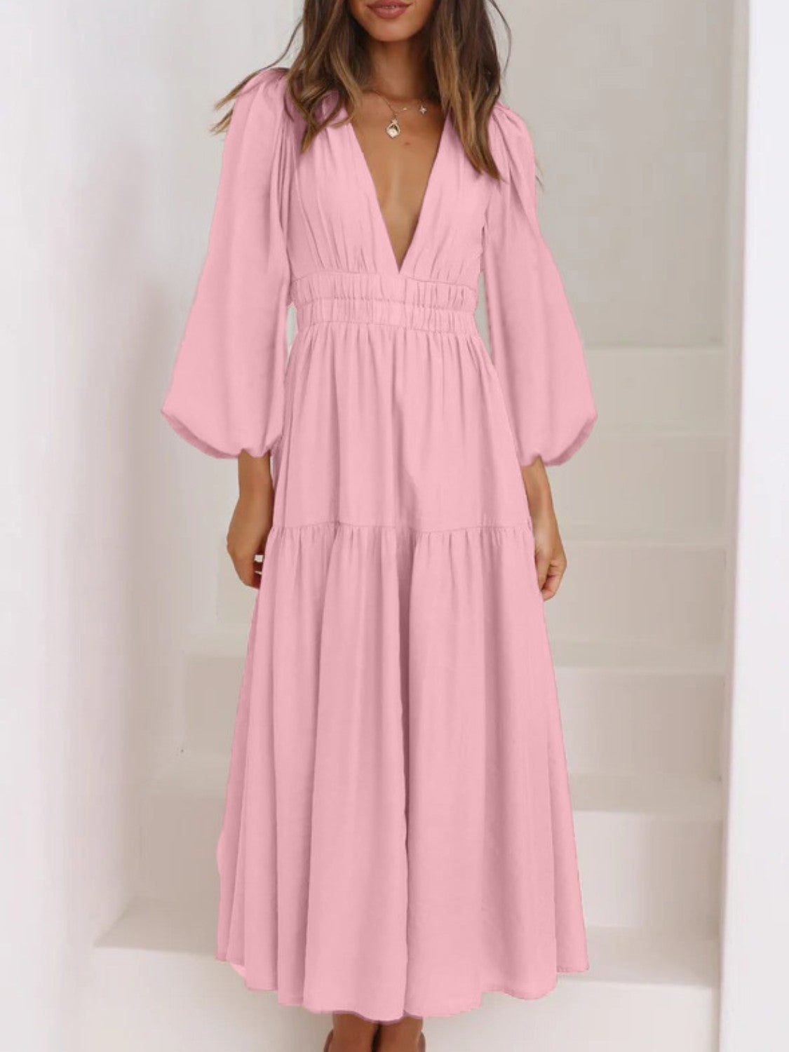 Boho Beach Maxi Dress Deep V-Neck Balloon Sleeve Plain Maxi Dress