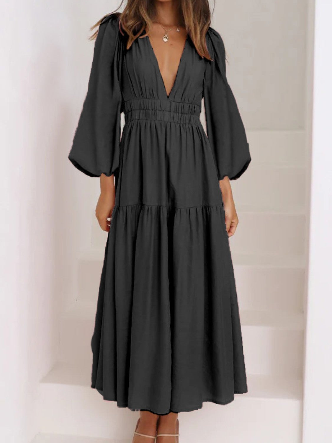 Boho Beach Maxi Dress Deep V-Neck Balloon Sleeve Plain Maxi Dress