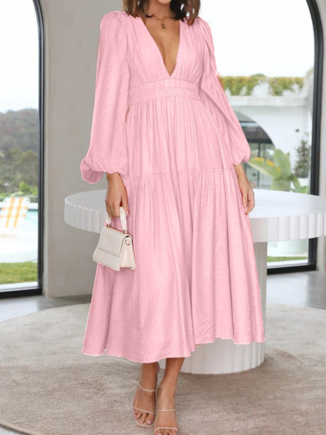 Boho Beach Maxi Dress Deep V-Neck Balloon Sleeve Plain Maxi Dress