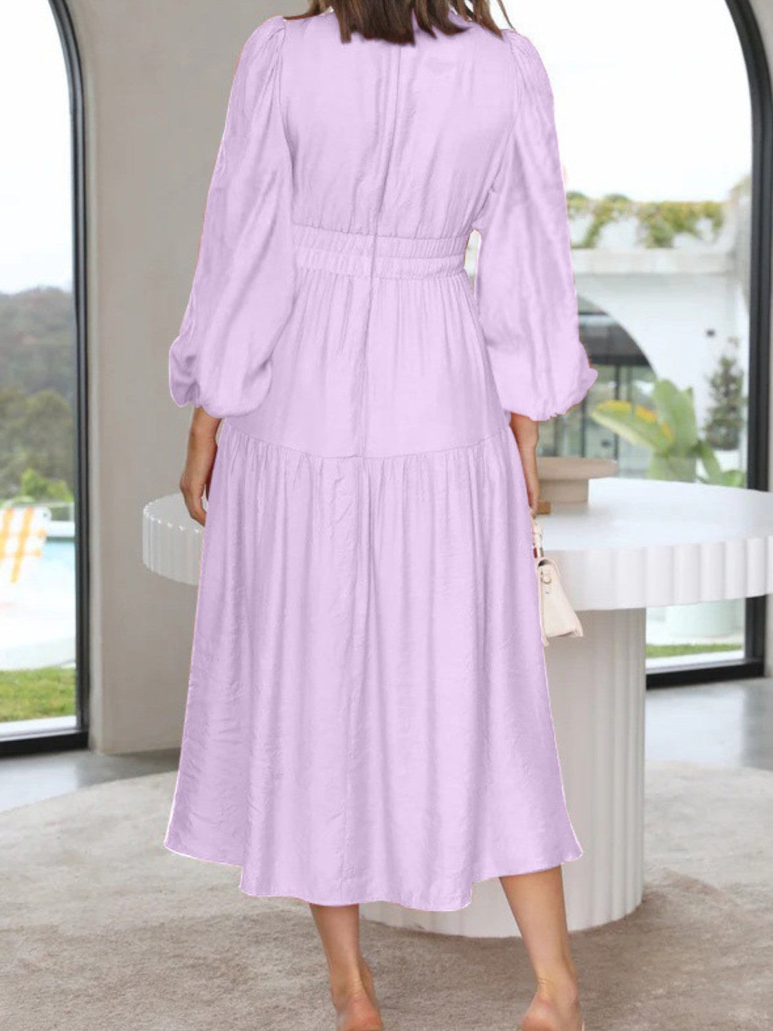 Boho Beach Maxi Dress Deep V-Neck Balloon Sleeve Plain Maxi Dress