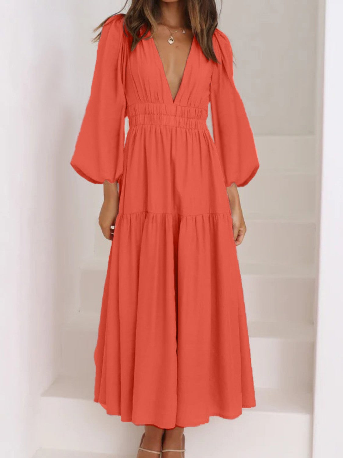 Boho Beach Maxi Dress Deep V-Neck Balloon Sleeve Plain Maxi Dress