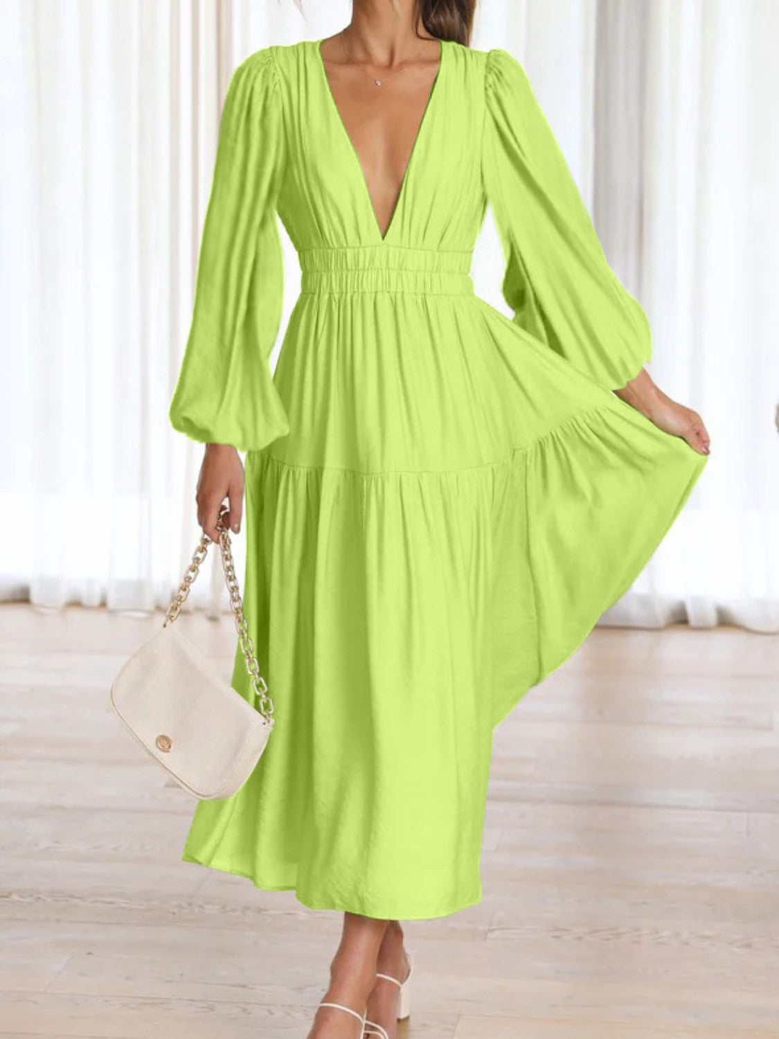 Boho Beach Maxi Dress Deep V-Neck Balloon Sleeve Plain Maxi Dress