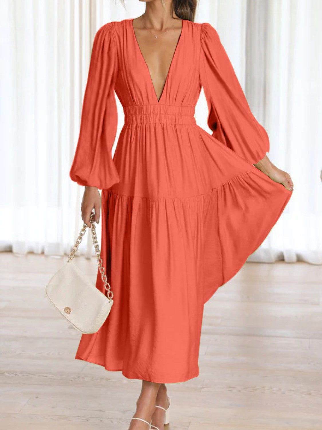 Boho Beach Maxi Dress Deep V-Neck Balloon Sleeve Plain Maxi Dress