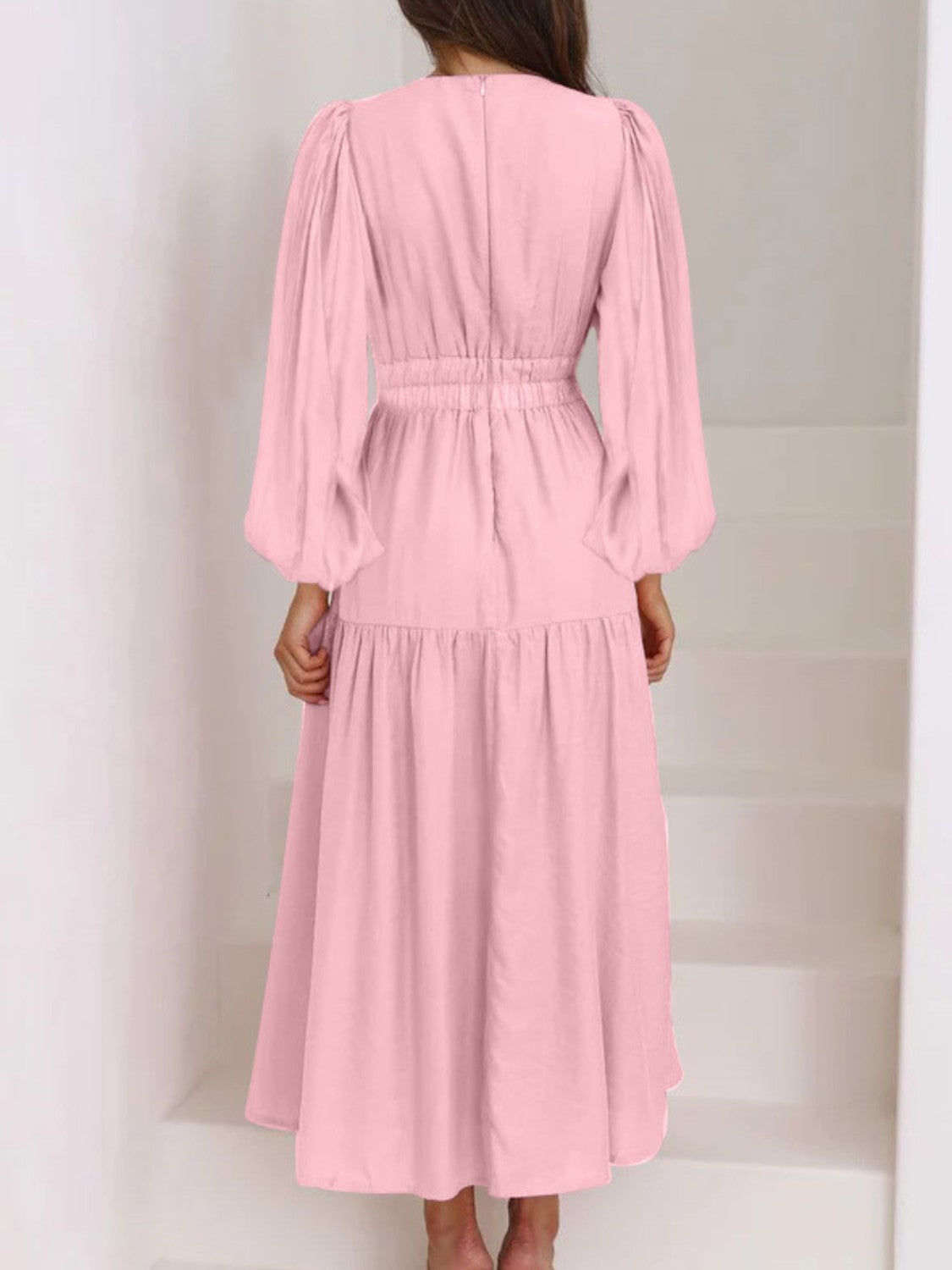 Boho Beach Maxi Dress Deep V-Neck Balloon Sleeve Plain Maxi Dress