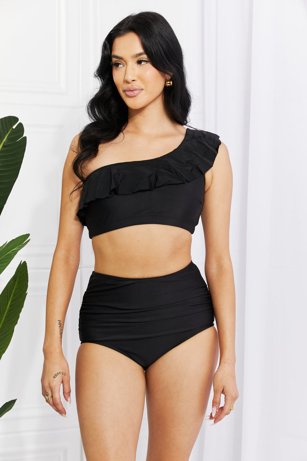 Marina West Black 2 Piece Swim Seaside Romance Ruffle One-Shoulder Bikini in Black