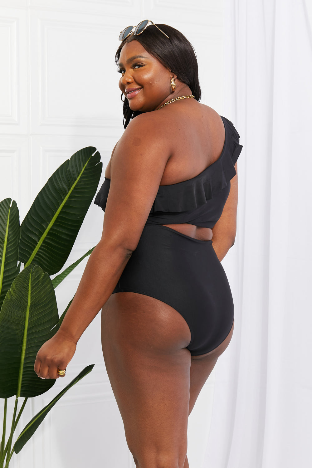 Marina West Black 2 Piece Swim Seaside Romance Ruffle One-Shoulder Bikini in Black