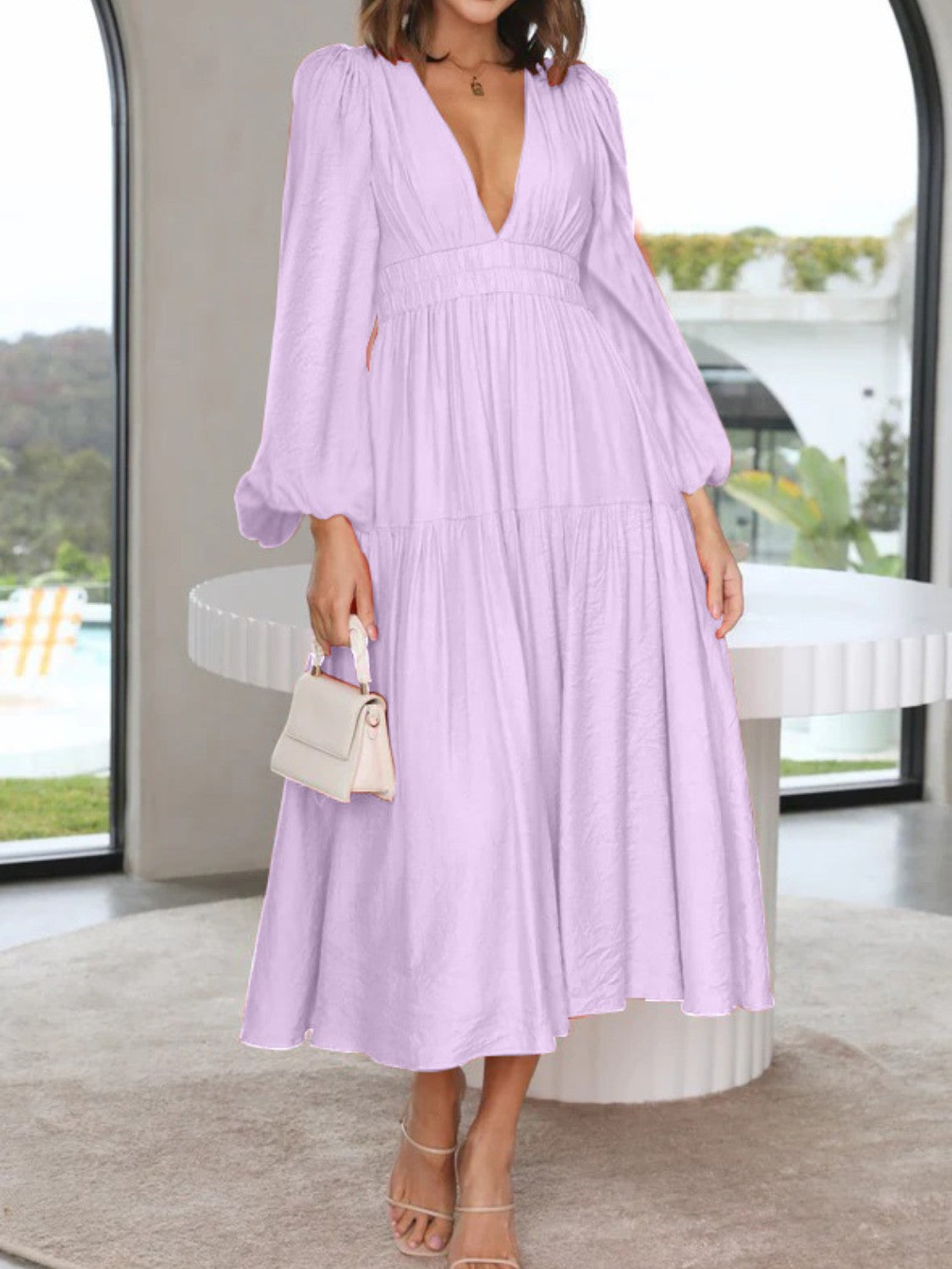 Boho Beach Maxi Dress Deep V-Neck Balloon Sleeve Plain Maxi Dress