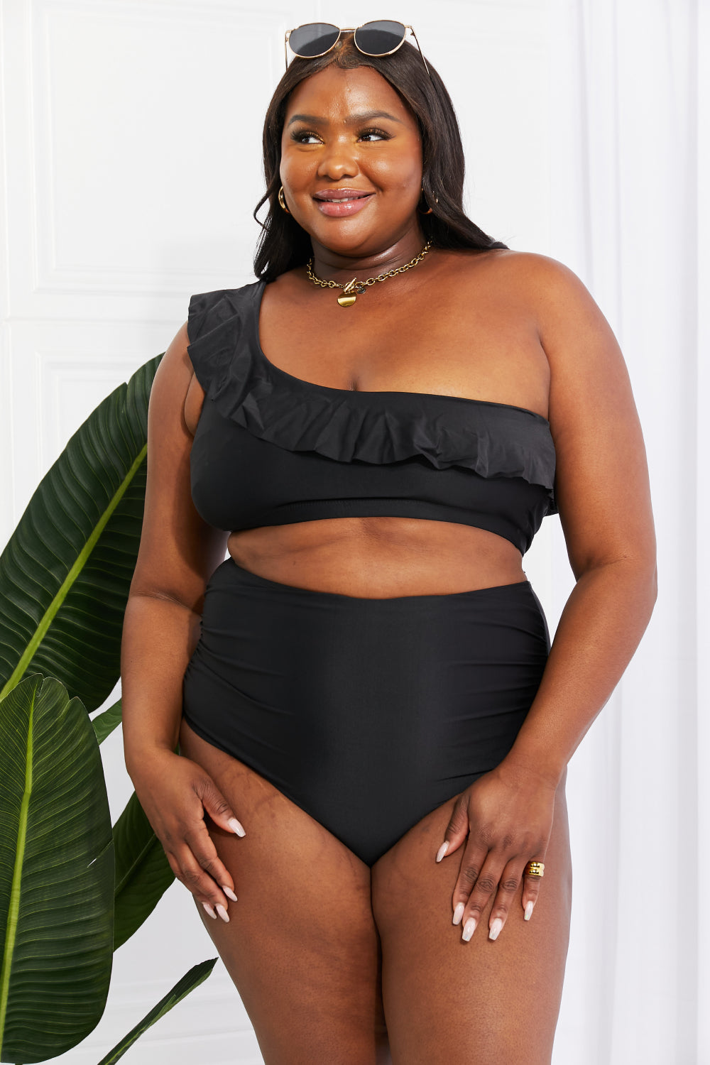Marina West Black 2 Piece Swim Seaside Romance Ruffle One-Shoulder Bikini in Black