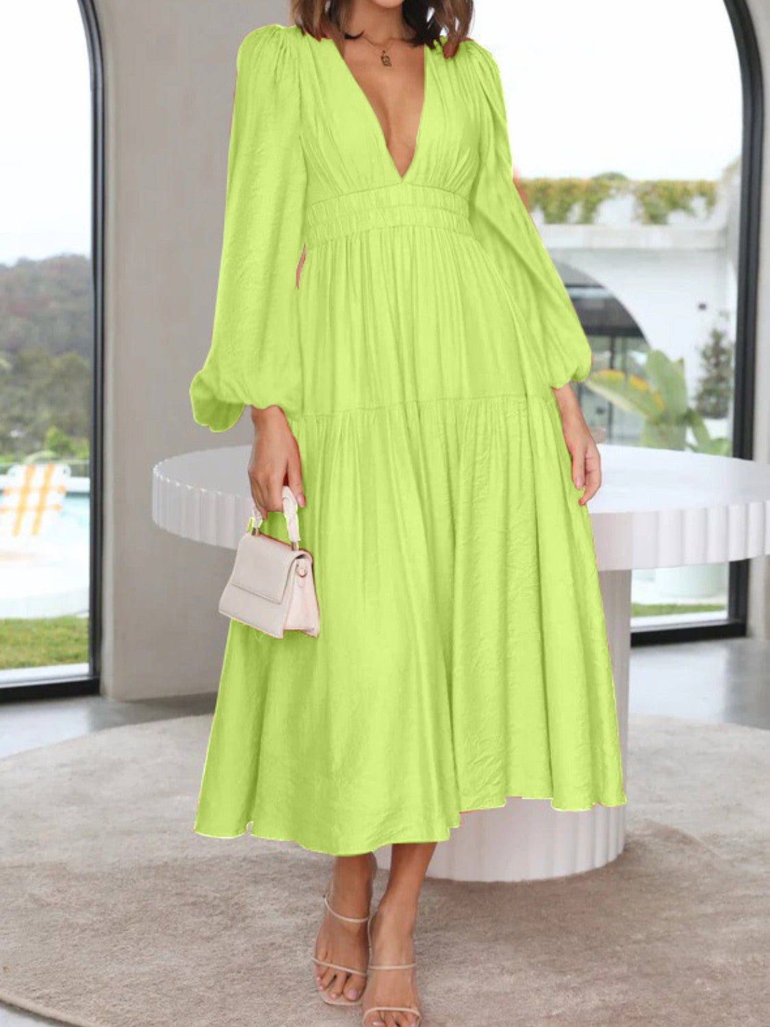 Boho Beach Maxi Dress Deep V-Neck Balloon Sleeve Plain Maxi Dress