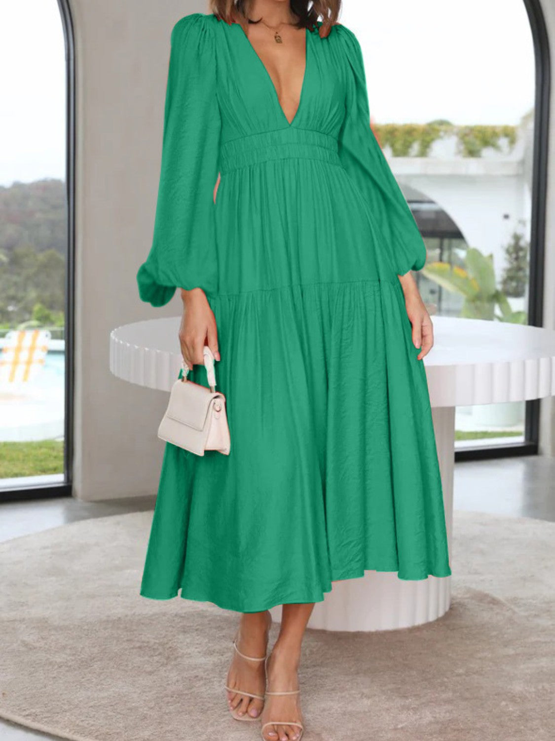 Boho Beach Maxi Dress Deep V-Neck Balloon Sleeve Plain Maxi Dress