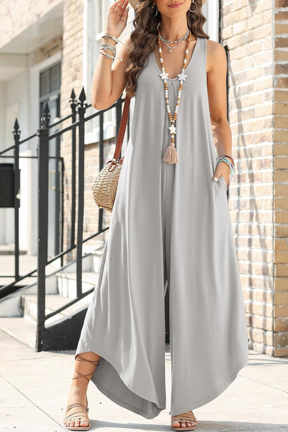 Boho Hippie Pocketed Scoop Neck Wide Leg Jumpsuit