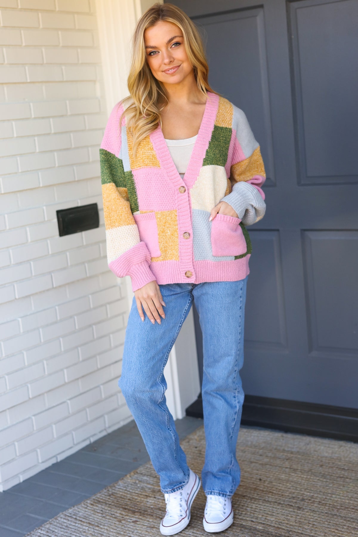 Very Connected Dusty Pink Patchwork Color Block Cardigan
