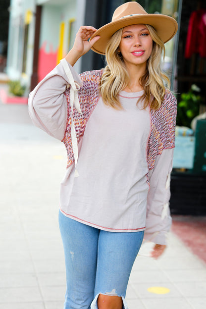 Taupe & Burgundy Chevron Raglan Lace-Up Bell Sleeve Top