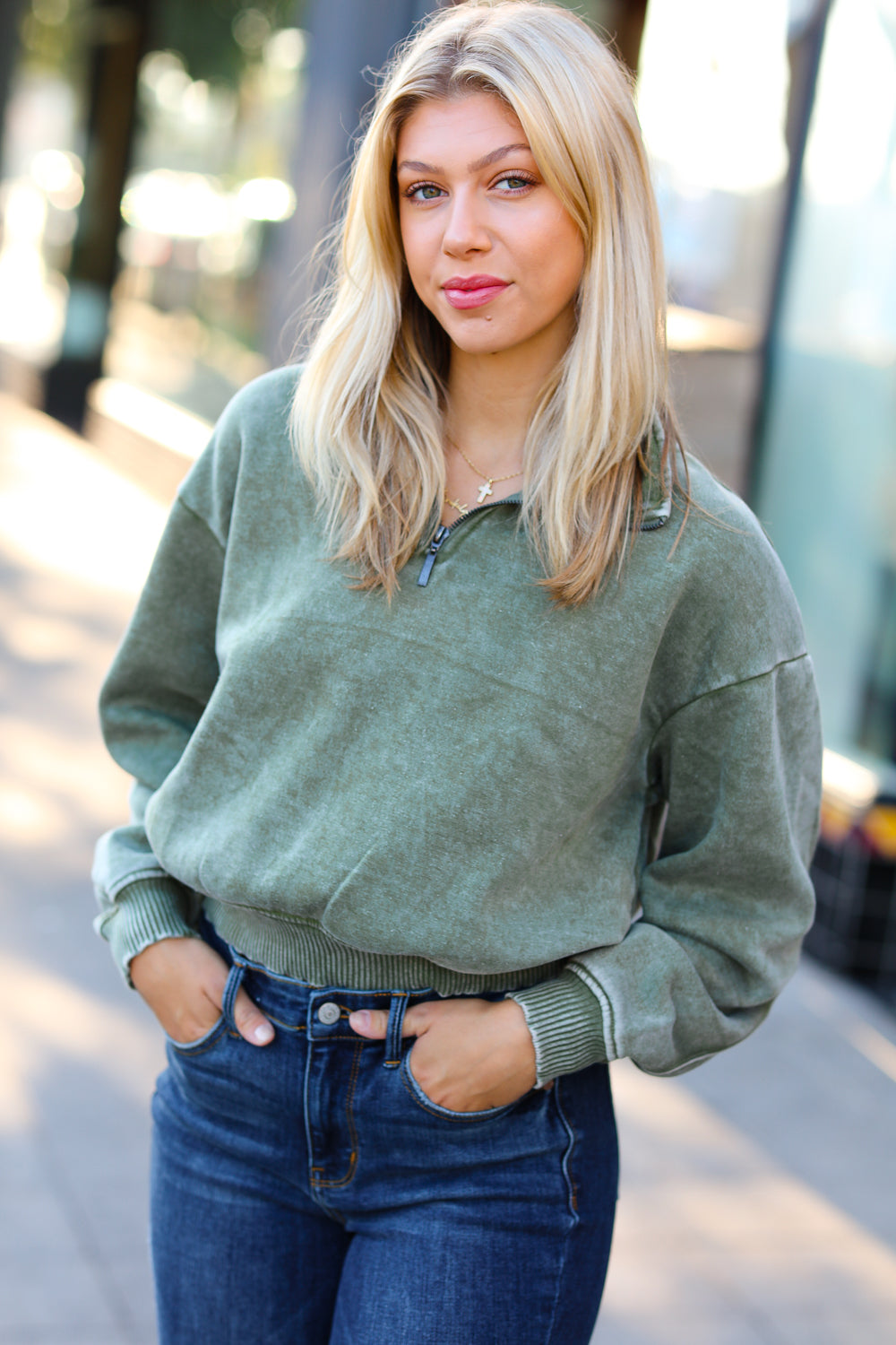 Olive Half Zip Cropped Pullover Sweater