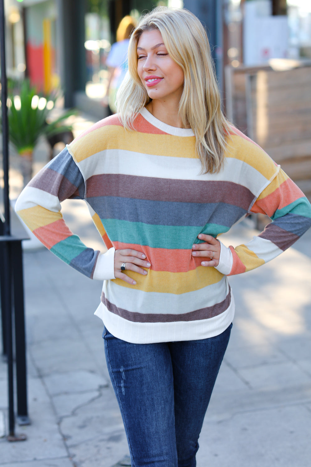 Teal & Mustard Stripe Hacci Outseam Sweater Top