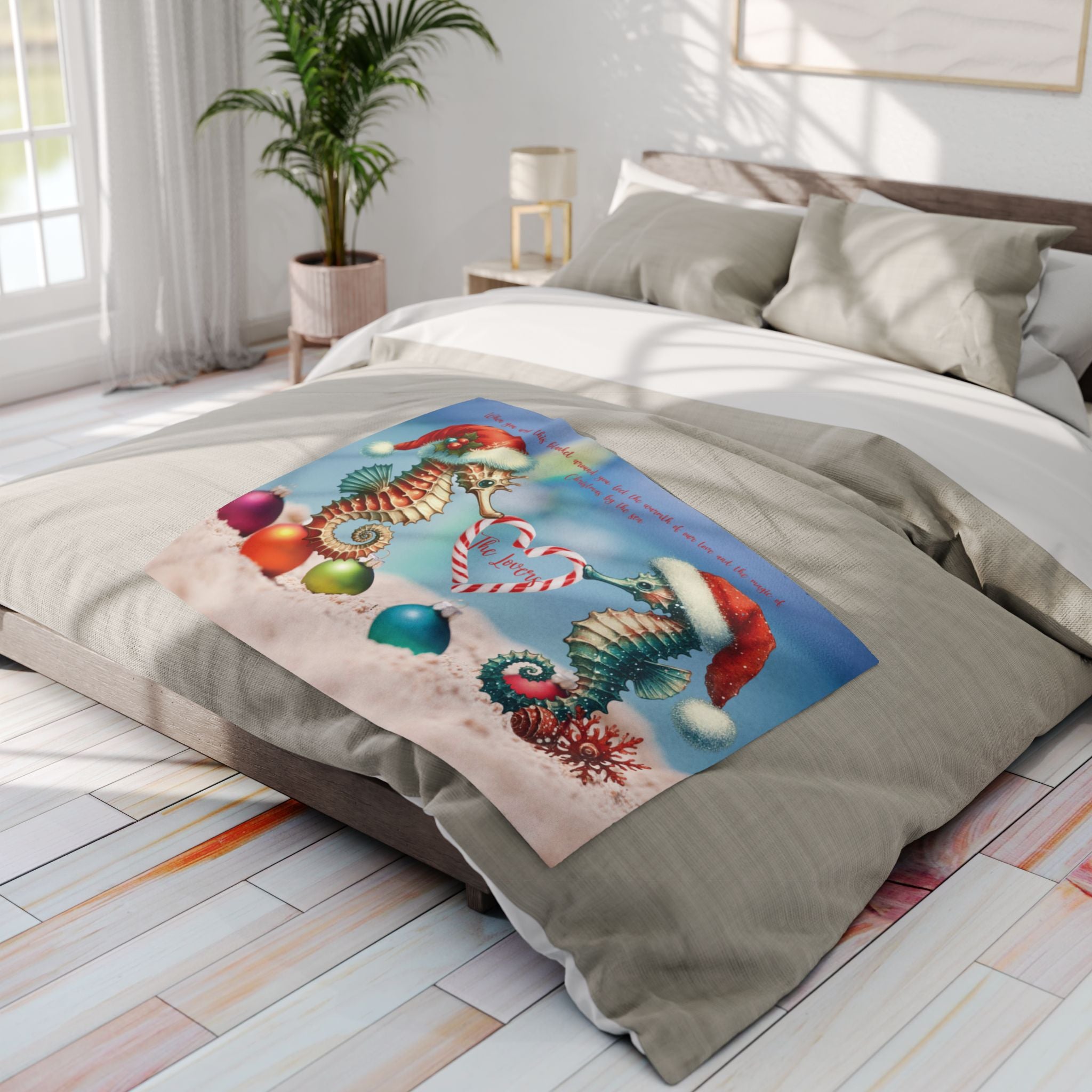 Fleece Blanket Christmas Gift For Wife With Seahorse Couple for Beach Lovers