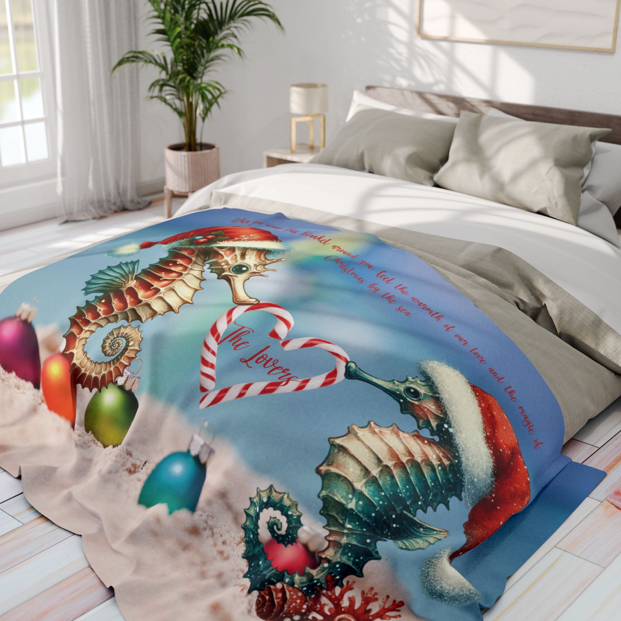 Fleece Blanket Christmas Gift For Wife With Seahorse Couple for Beach Lovers