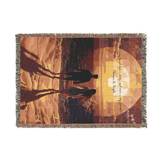 Personalized Couples Beach Sunset Woven Blanket With Fringe