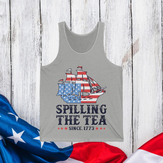4th Of July Shirt, Funny Spilling The Tea Since 1776 Tank, American Summer Vibes Independence Day Fourth Of July Picnic Unisex Tank Top