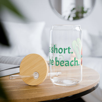 Beach Lover Gifts Travel Mug Life Is Short Go To The Beach Sipper Glass 16oz with Lid