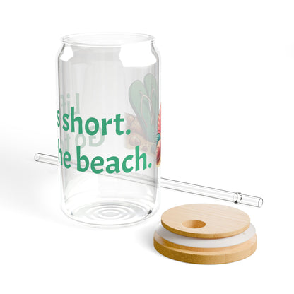 Beach Lover Gifts Travel Mug Life Is Short Go To The Beach Sipper Glass 16oz with Lid