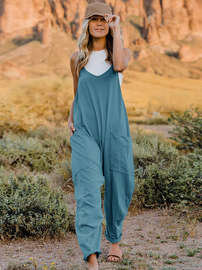 Hippie V-Neck Sleeveless Jumpsuit with Pocket