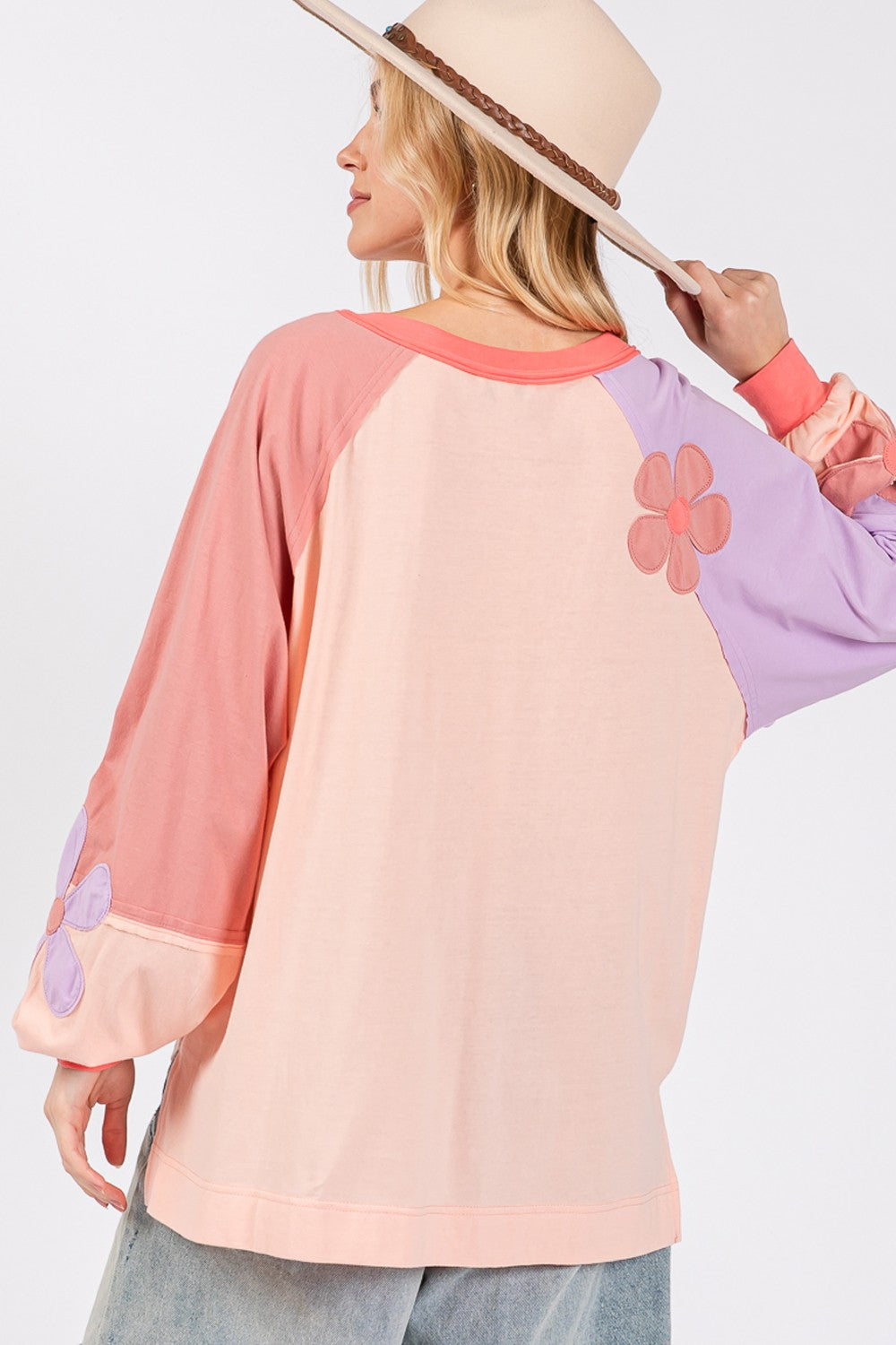 SAGE + FIG Full Size Daisy Applique Patch Color Block Long Sleeve Top