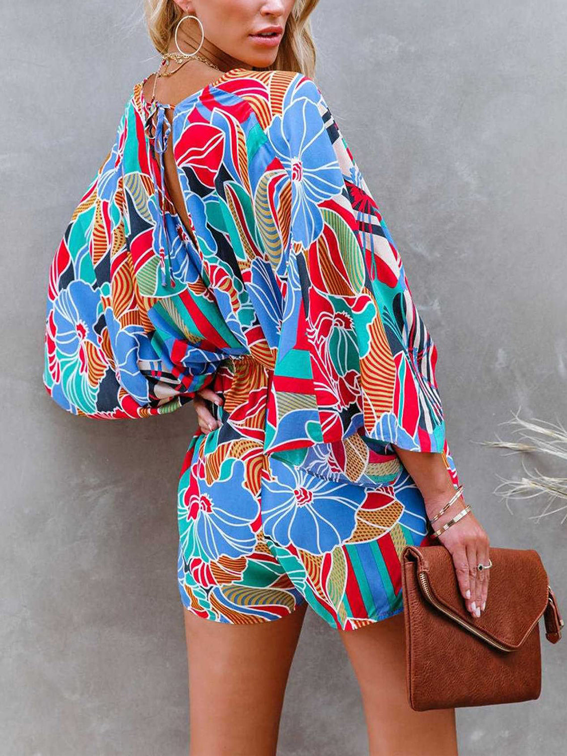 Tied Printed Kimono Sleeve Romper