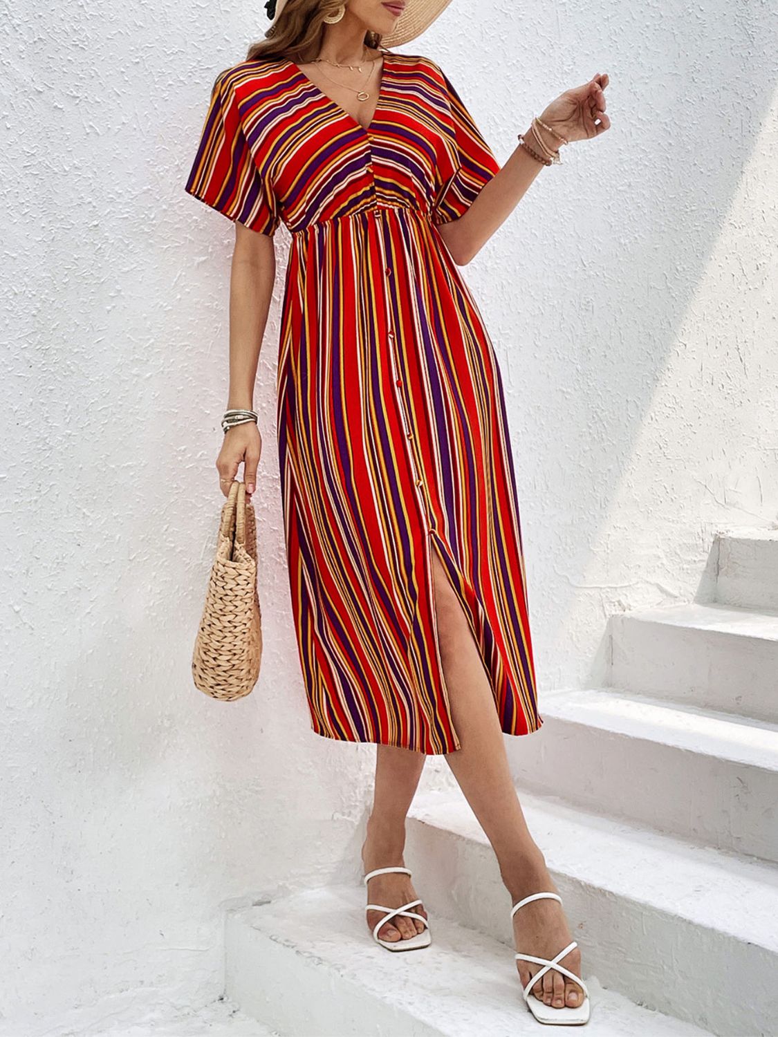 Slit Striped V-Neck Short Sleeve Midi Dress