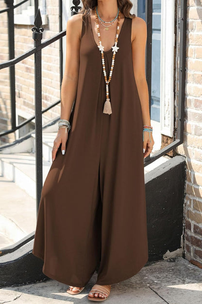 Boho Hippie Pocketed Scoop Neck Wide Leg Jumpsuit