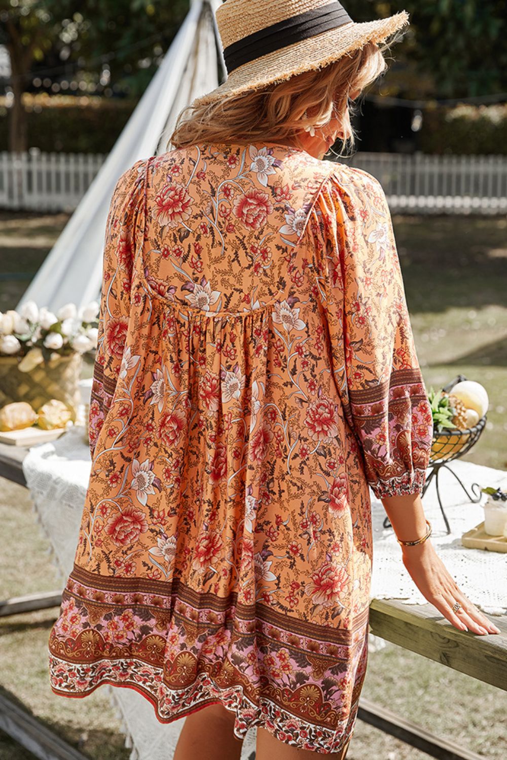 Devine Bohemian Tie Neck Balloon Sleeve Dress