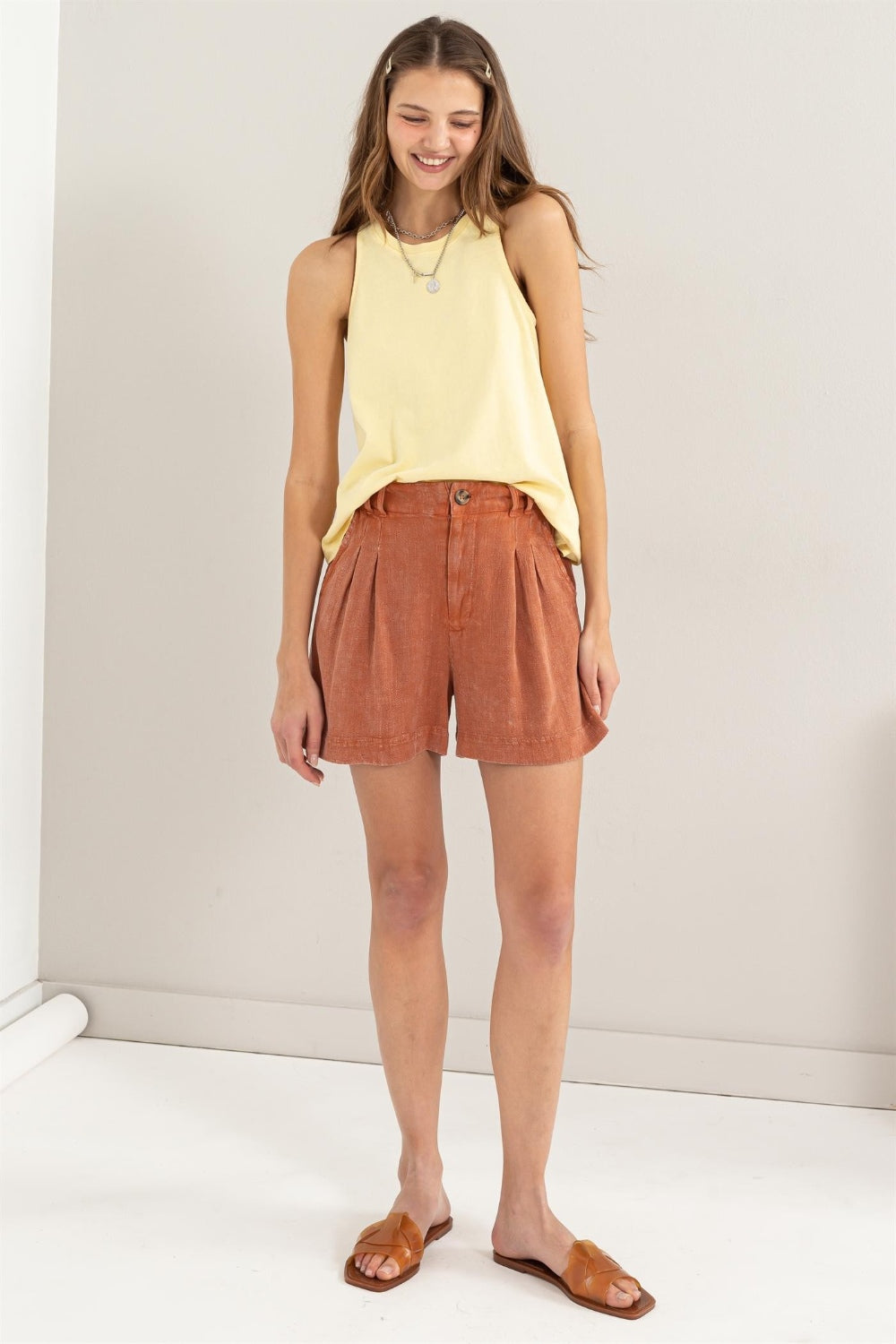 HYFVE High Waist Pleated Linen Shorts