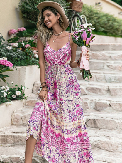 Tassel Printed V-Neck Maxi Dress